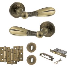 Old English Cambridge Door Handle Pack - 3 Lever Lock Set (Matt Antique Brass)