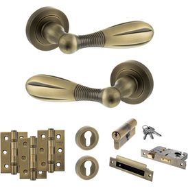 Old English Cambridge Door Handle Pack - Euro Lock Set (Matt Antique Brass)