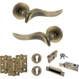 Old English Oxford Door Handle Pack - Euro Lock Set (Matt Antique Brass)