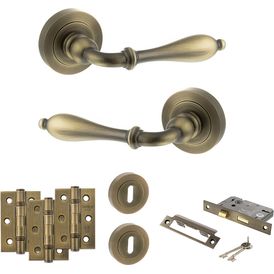 Old English Wrexham Door Handle Pack - 3 Lever Lock Set (Matt Antique Brass) alternative