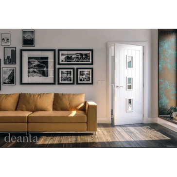 Deanta Ely 5 Panel White Primed 3 Centre Light Glazed FD30 Fire Door alternative