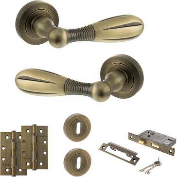 Old English Cambridge Door Handle Pack - 3 Lever Lock Set (Matt Antique Brass)