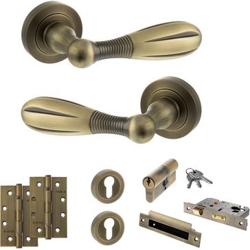 Old English Cambridge Door Handle Pack - Euro Lock Set (Matt Antique Brass)
