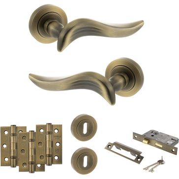 Old English Oxford Door Handle Pack - 3 Lever Lock Set (Matt Antique Brass) alternative