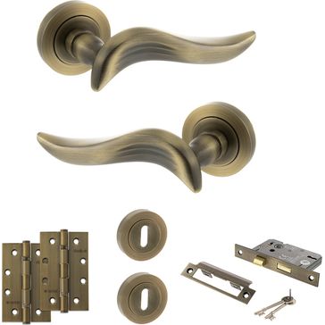 Old English Oxford Door Handle Pack - 3 Lever Lock Set (Matt Antique Brass)