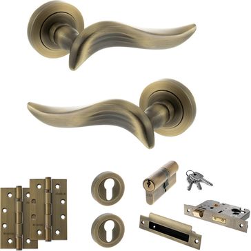 Old English Oxford Door Handle Pack - Euro Lock Set (Matt Antique Brass)