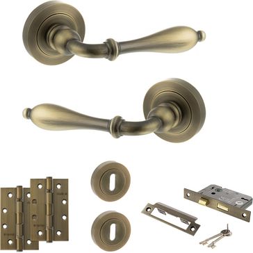 Old English Wrexham Door Handle Pack - 3 Lever Lock Set (Matt Antique Brass)