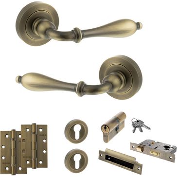 Old English Wrexham Door Handle Pack - Euro Lock Set (Matt Antique Brass)