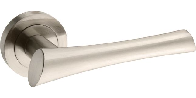 Mediterranean Corsica Satin Nickel Lever Door Handle on Round Rose (Pair)