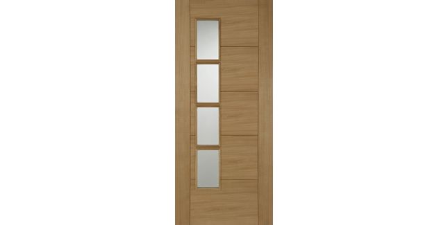 Mendes Pre-Finished Oak ISEO Deluxe Quarter Cut Offset 4 Light Glazed Door