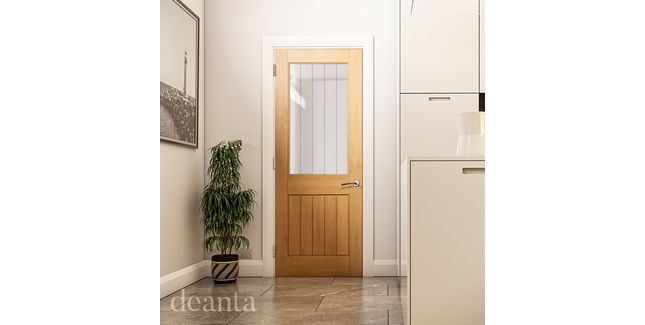 Deanta Ely Pre-Finished Oak 2 Panel V-Groove Glazed Internal Door
