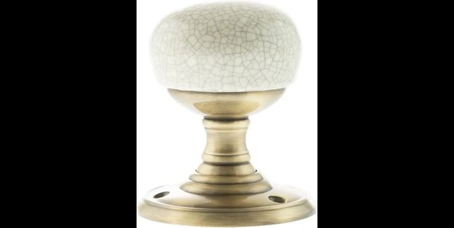 Old English Skipton Porcelain Cream Crackle Door Knob on Face Fix Rose - Antique Brass