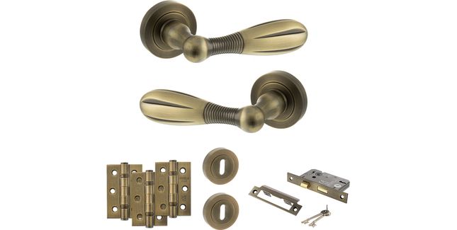Old English Cambridge Door Handle Pack - 3 Lever Lock Set (Matt Antique Brass)