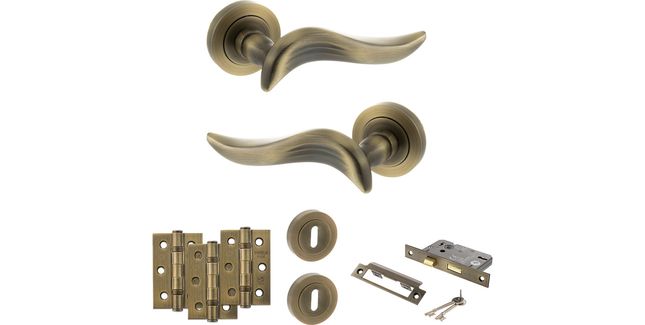 Old English Oxford Door Handle Pack - 3 Lever Lock Set (Matt Antique Brass)