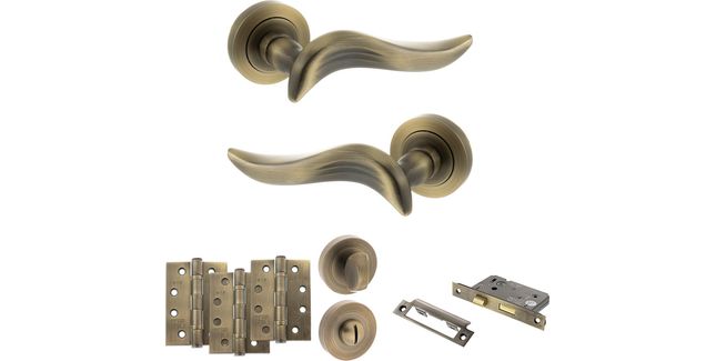 Old English Oxford Door Handle Pack - Bathroom Set (Matt Antique Brass)