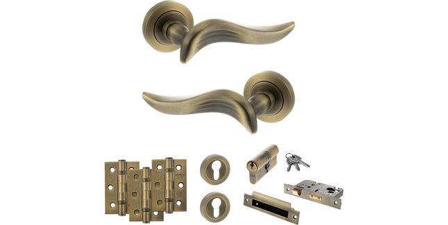 Old English Oxford Door Handle Pack - Euro Lock Set (Matt Antique Brass)
