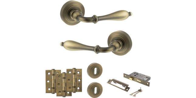 Old English Wrexham Door Handle Pack - 3 Lever Lock Set (Matt Antique Brass)