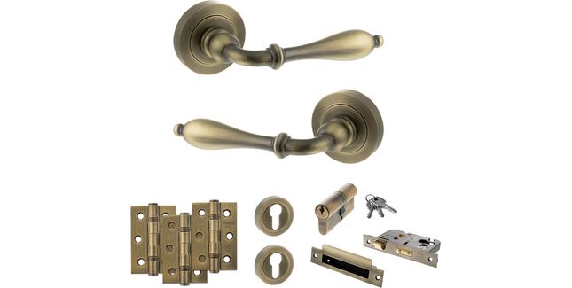 Old English Wrexham Door Handle Pack - Euro Lock Set (Matt Antique Brass)